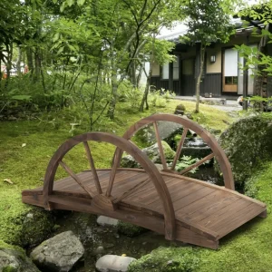 3.3 ft Wooden Garden Bridge- Walkway with Half-Wheeled Railings