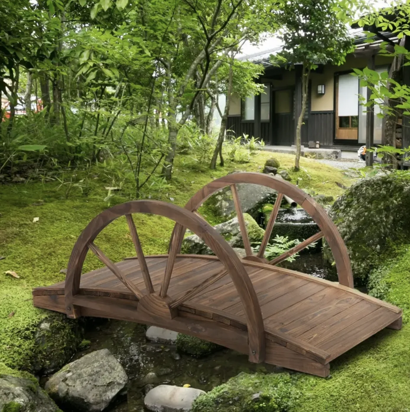 3.3 ft Wooden Garden Bridge- Walkway with Half-Wheeled Railings