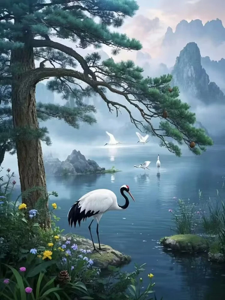 Diamond Painting Kit- Pine Crane Lake Scenery- Full Square/ Round Mosaic Diamond Painting - Image 15
