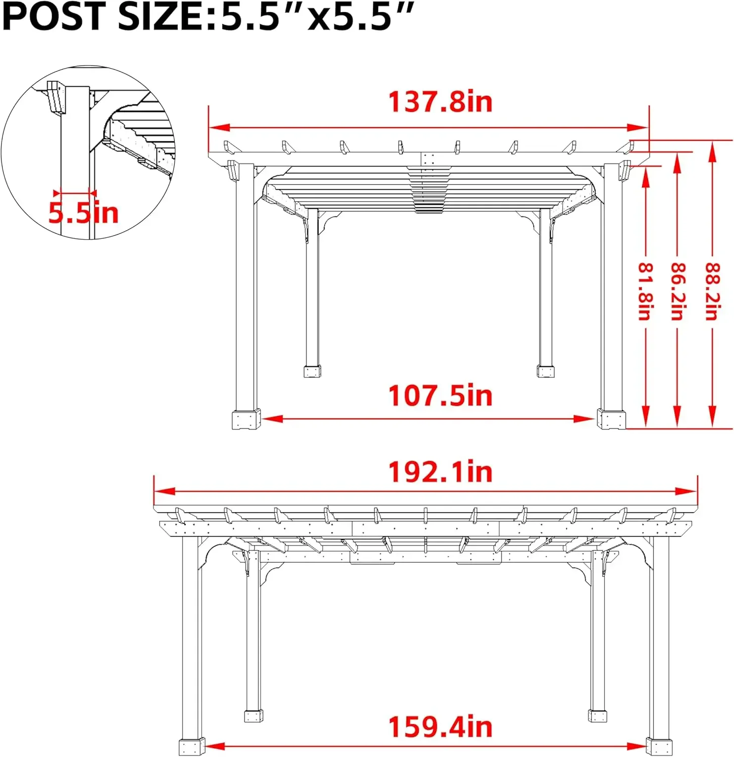 12 x 16 FT Wooden Pergola- Cedar Wood Gazebo with Flat Roof- Stakes Included - Image 2