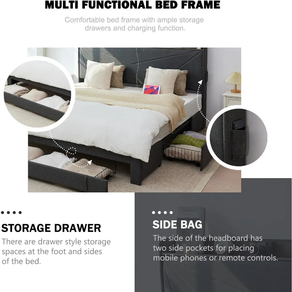 Queen-Size Bed Frame with 3 Drawers- Upholstered Bed Frame with Storage Headboard- AC USB & Type C Charging Station - Image 4