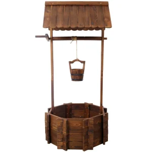 Rustic Wooden Wishing Well Planter- Outdoor Home Decor- Patio, Garden, Yard, with Hanging Bucket (planter)