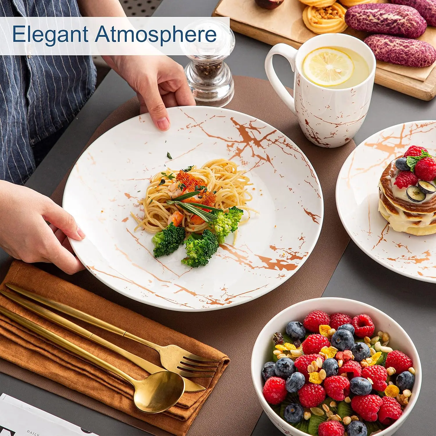 Set for 4- 16 Piece Porcelain Dish Set- Gold Splash Glaze- Porcelain Dinner Set with Mugs, - Image 3