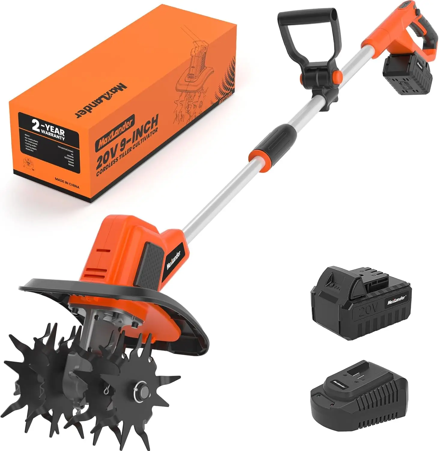 20V Cordless Tiller/ Cultivator- 9-Inch Electric Garden Tiller- 48 Steel Tines- 360 RPM- Battery-Powered Rototiller