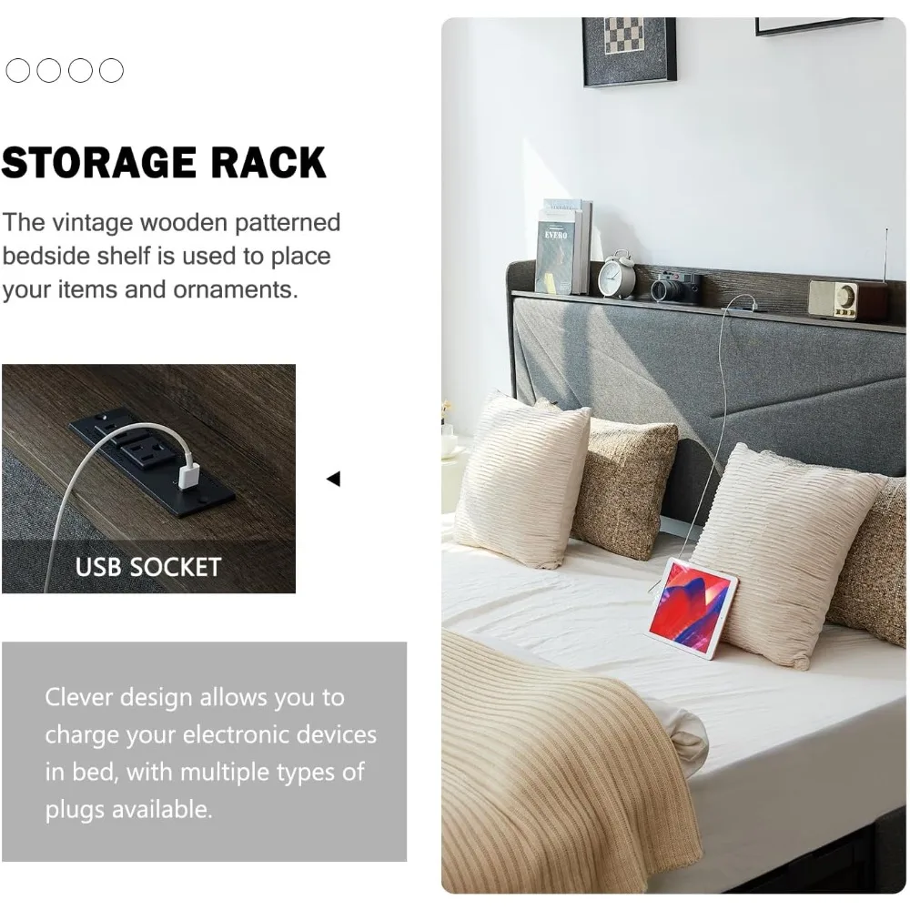 Queen-Size Bed Frame with 3 Drawers- Upholstered Bed Frame with Storage Headboard- AC USB & Type C Charging Station - Image 5