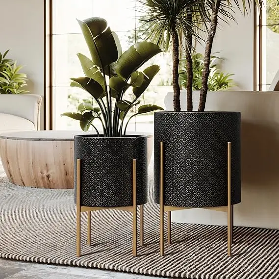 Indoor/Outdoor Planters- Set of 3 Floor Plant Pots with Stands- Decorative Metal Flower Pots - Image 9