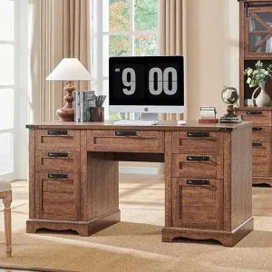 60" Executive Desk- Drawers- Wood Home Office Desk w/Charging Station (Reclaimed Barnwood, and Antique White)