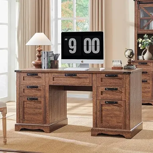 60" Executive Desk- Drawers- Wood Home Office Desk w/Charging Station (Reclaimed Barnwood, and Antique White)