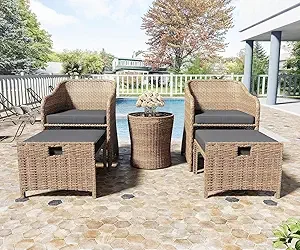 5-Pc Patio Conversation Set- PE Wicker Rattan Outdoor Lounge Chairs with Soft Cushions 2 Ottoman and Glass Table- Multiple styles and Colors - Image 8