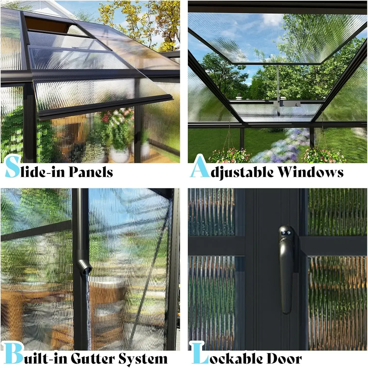 8x12x7 FT Polycarbonate Greenhouse- Walk-in Greenhouse with Quick-Connect System- 4 Vent Windows - Image 5