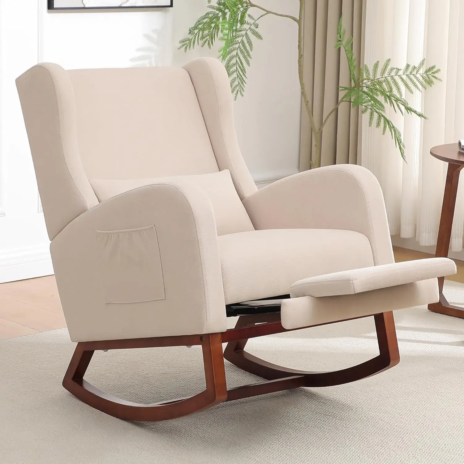 Nursery Wingback Rocking Chair- Footrest- Teddy Fabric- Nursing Glider/ Rocker Chair with Pillow and High Back - Image 8