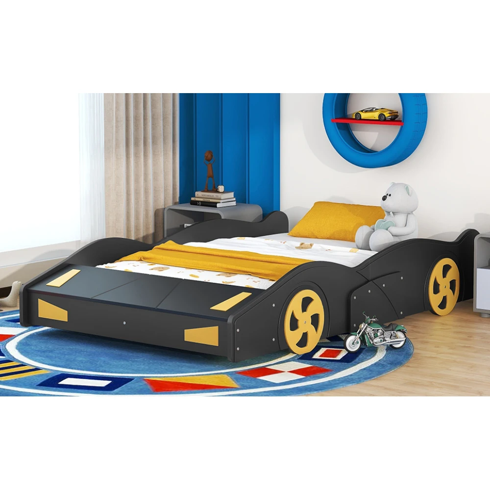 Full-Size Race Car-Shaped Platform Bed with Wheels and Storage- Black+Yellow - Image 4