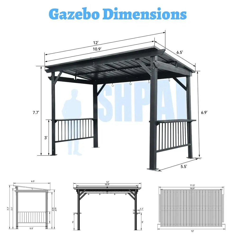 6.5x12 FT Hardtop Grill Gazebo- All-Weather- BBQ Shelter with Side Shelves and Ceiling Hooks- Galvanized Steel Frame - Image 3