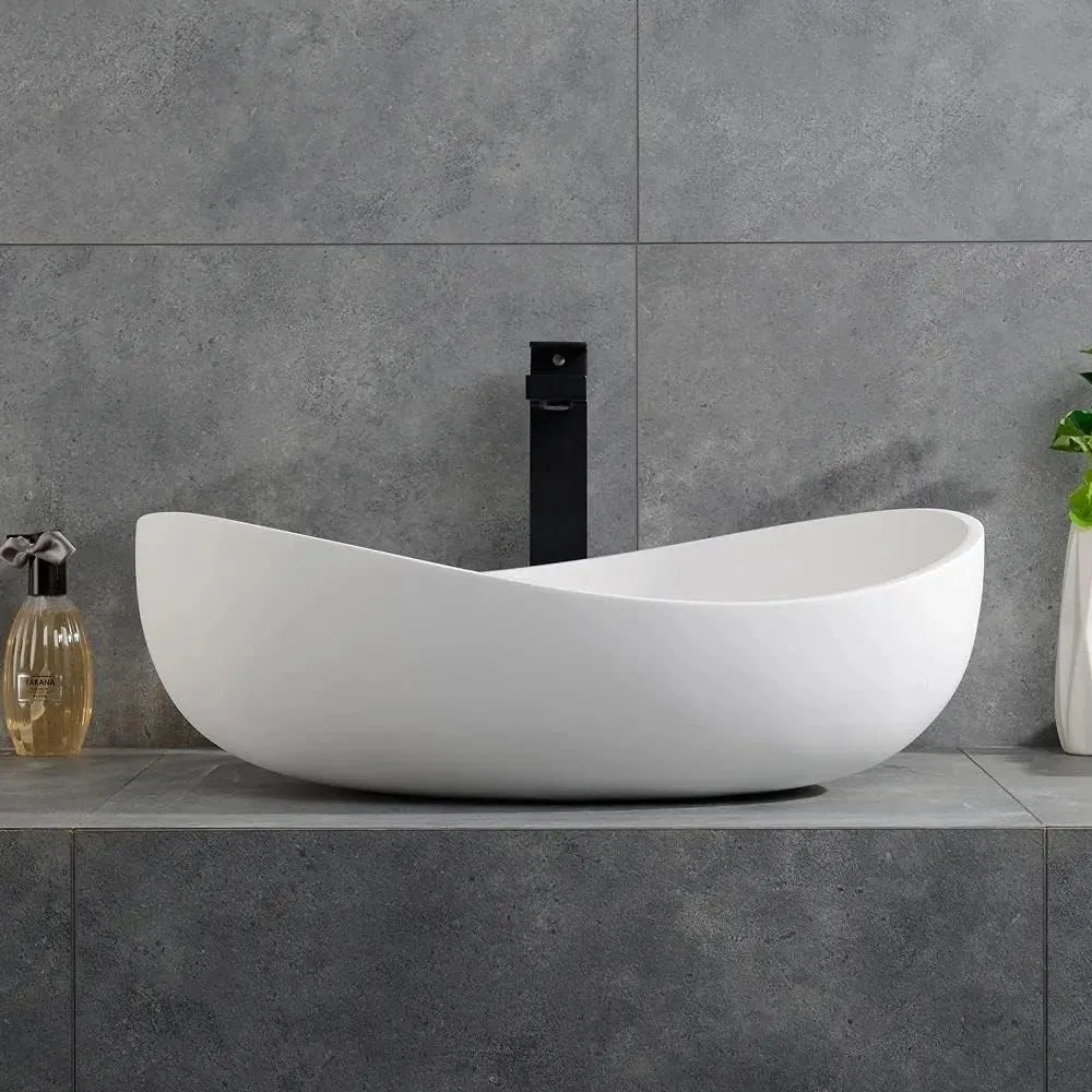 Oval, Stone Resin Bathroom Sink- Modern Art Sink- Matte White with Pop Up Drain (Glossy White)