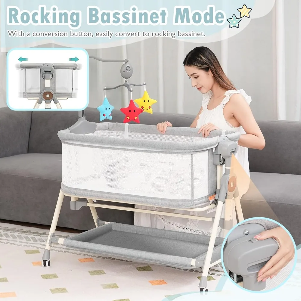 Grey 3-in-1 Baby Rocking Bassinet w/Musical Toys- Bedside Bassinet for Baby w/Storage Basket and Wheels- Adjustable Bedside Crib - Image 2