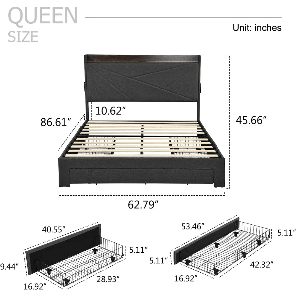 Queen-Size Bed Frame with 3 Drawers- Upholstered Bed Frame with Storage Headboard- AC USB & Type C Charging Station - Image 2