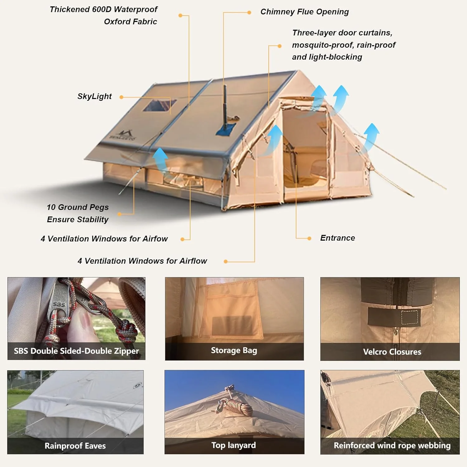 13' x 10' Inflatable Camping Tent- 8-10 Persons- 4 Season Blow up Tent- Waterproof- Chimney Hole- AC Port - Image 3
