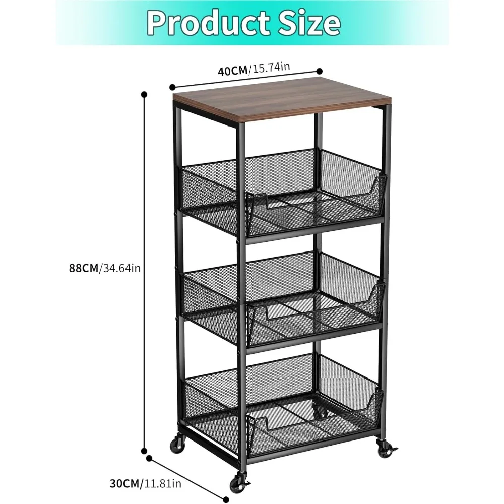 4-Tier Rolling Storage Cart- Wheels- Kitchen Fruit/ Vegetable Cart- Wood Top - Image 6