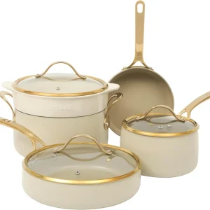 8-Piece Pots and Pans- Heavy-duty Aluminum- Premium PFA Free Ceramic- Nonstick - Almond Cream w/Gold Handle