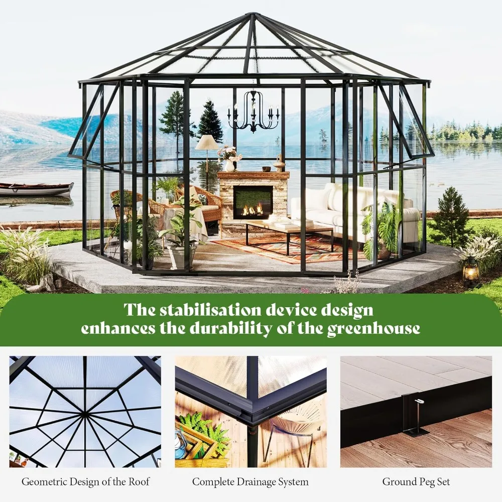 12x10x8 FT Hexagonal Hybrid, Polycarbonate Greenhouse/Sunroom- Quick-Connect Assembly- Aluminum Frame with Ventilation - Image 3