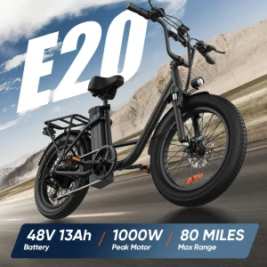 1000W E20 Electric Bike- 48V, 13Ah, Removable Battery- 20 MPH- 20''X 3'' Fat Tire- 7-Speed Electric Bicycle with Dual Disc Brake