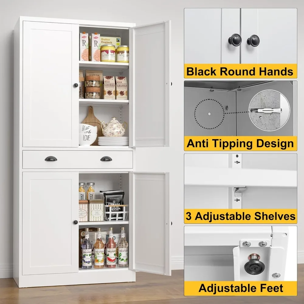 71” Food Pantry/ Storage Cabinet- White Metal Kitchen Cupboard with Doors and Adjustable Shelves - Image 4