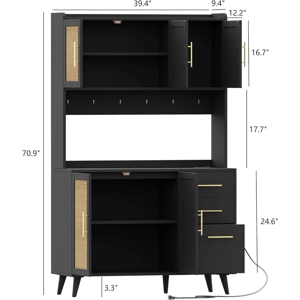 70.9" Kitchen Pantry/ Cabinet with Microwave Shelf- Rattan Freestanding Storage Cabinet with Charging Station- Natural, or Black and Natural - Image 2