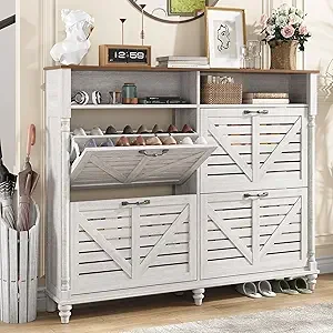 Large Shoe Cabinet with 4 Flip Drawers- Farmhouse Shoe Organizer- 2 Open Storage Shelves - Image 7