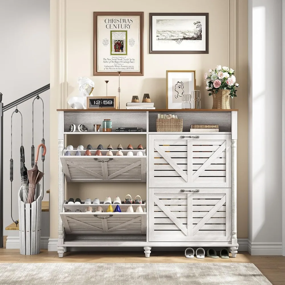 Large Shoe Cabinet with 4 Flip Drawers- Farmhouse Shoe Organizer- 2 Open Storage Shelves - Image 4