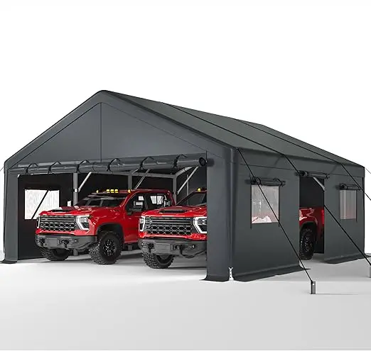 Extra-large 20x20-foot Heavy-duty Metal Carport for All-weather Conditions- Vehicle Protection with Side-opening Door - Image 7