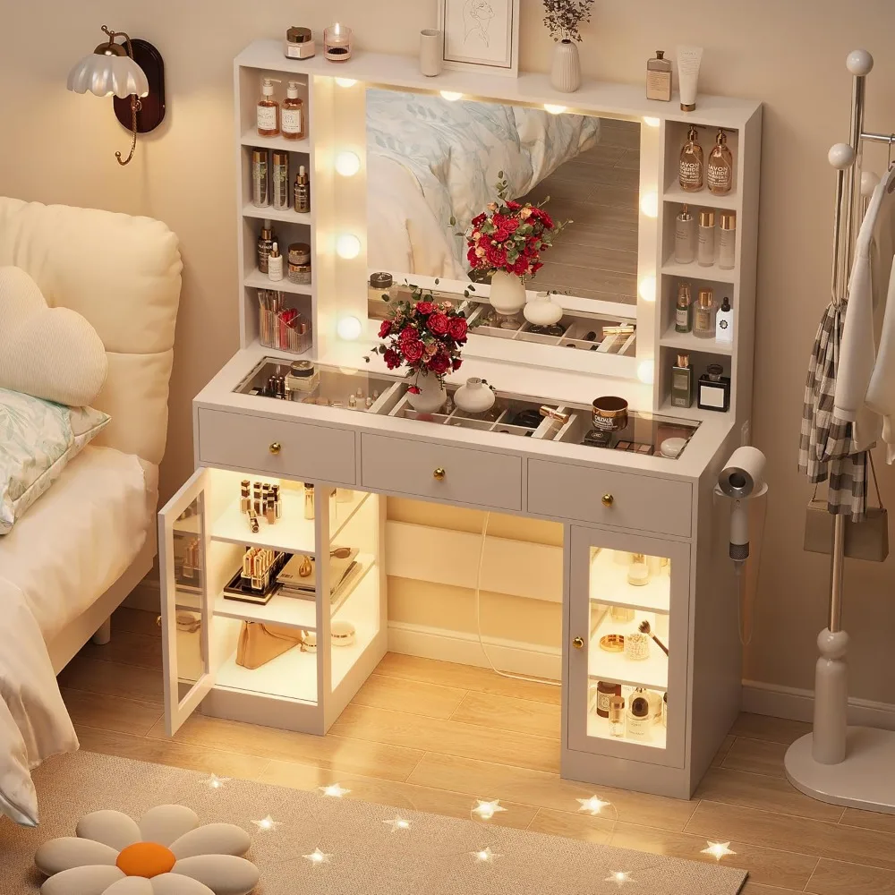 White Vanity Desk with Mirror and Lights- Glass-Top Vanity with Lighted Mirror- 3 Drawers - Image 3