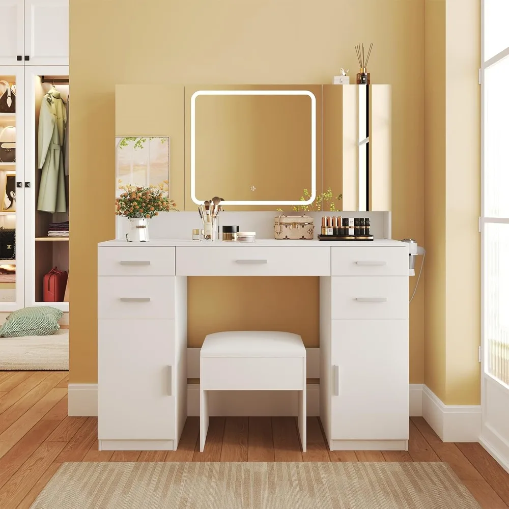 Vanity Desk with Mirror and Lights- 7 Drawers- Tri-Folding Mirror- 3 Colors Lighting- Stool with Storage - Image 6