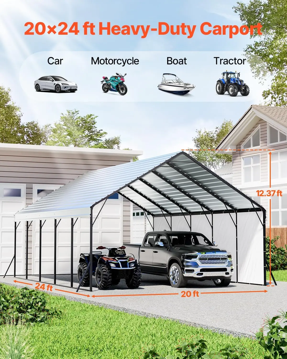 20x24 ft Heavy-duty Metal Carport- Removable PE Side Walls- Steel Frame - Image 4
