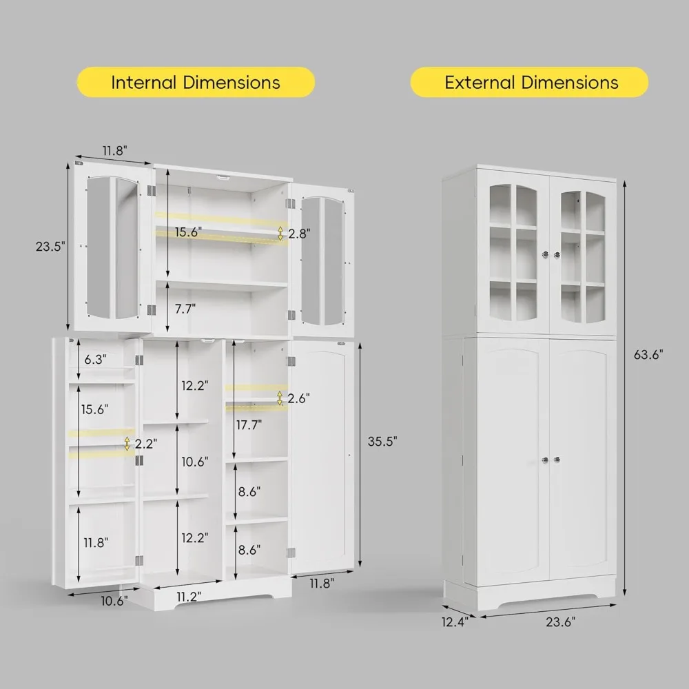 64" Kitchen Pantry Cabinet- Tall Storage Cabinet- Glass Doors- Adjustable Shelves - Image 2