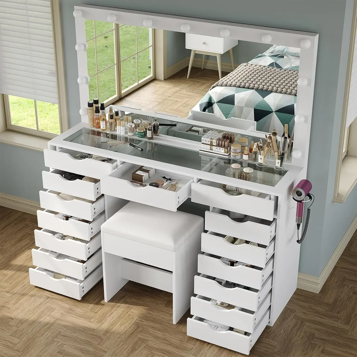 Vanity Desk with Mirror and Lights- Charging Station- 3-Color Lighting Modes- 15 Drawers and Stool - Image 4