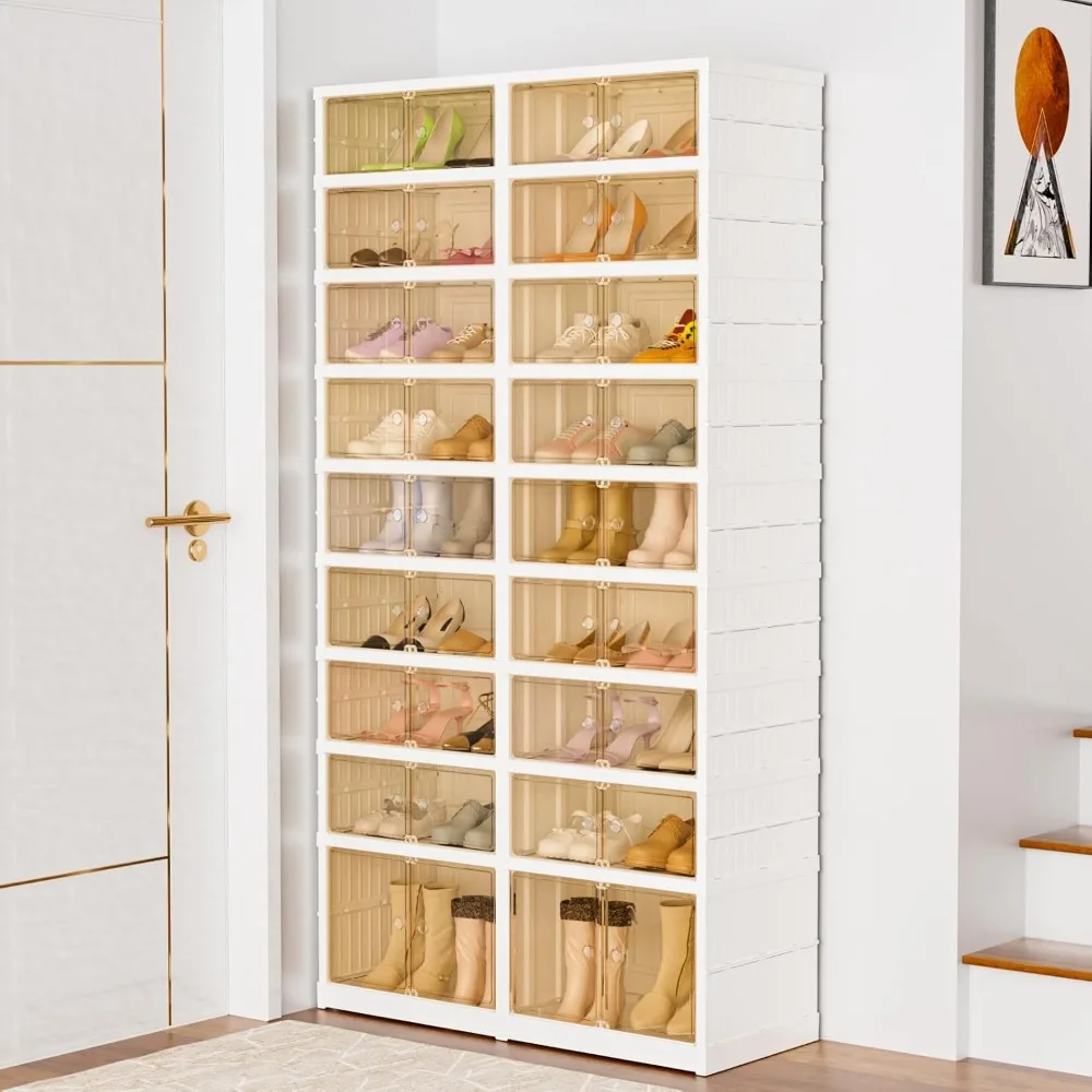 Shoe Storage Cabinet- Clear Plastic- Collapsible- Stackable- Storage Shoe Cabinet with Door
