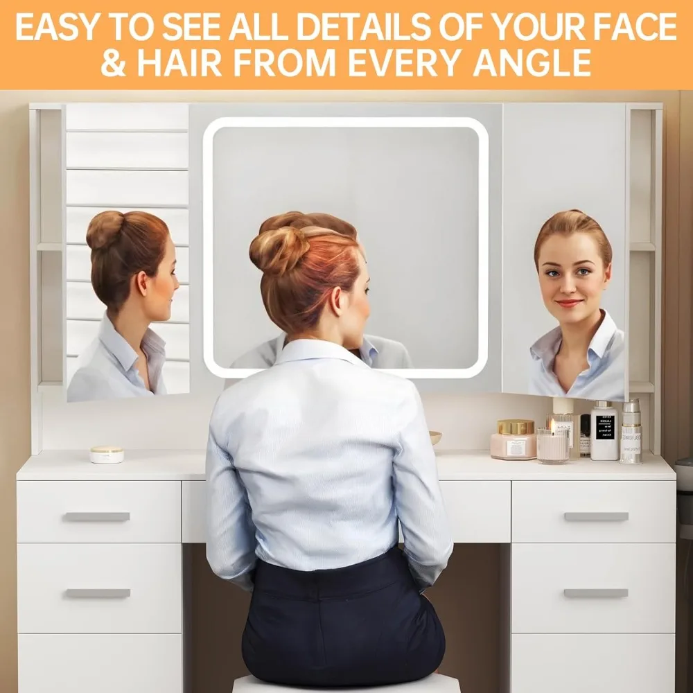 Vanity Desk with Mirror and Lights- 7 Drawers- Tri-Folding Mirror- 3 Colors Lighting- Stool with Storage - Image 3
