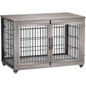 Dog Crate Furniture- XL Wooden Dog Kennel- Indoors- Double-Doors- 44'' Heavy-Duty Crate with Cushion & Wheels