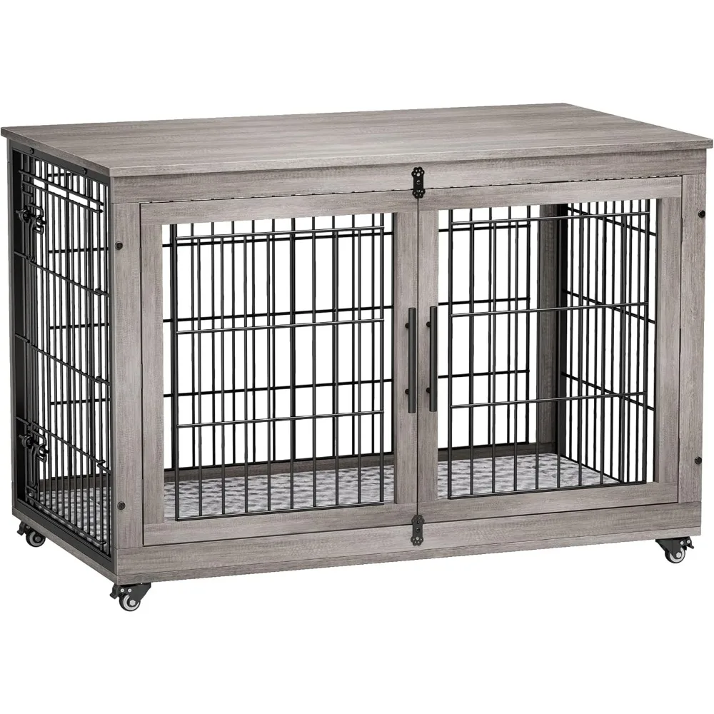 Dog Crate Furniture- XL Wooden Dog Kennel- Indoors- Double-Doors- 44'' Heavy-Duty Crate with Cushion & Wheels