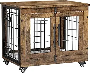Dog Crate Furniture- XL Wooden Dog Kennel- Indoors- Double-Doors- 44'' Heavy-Duty Crate with Cushion & Wheels - Image 7