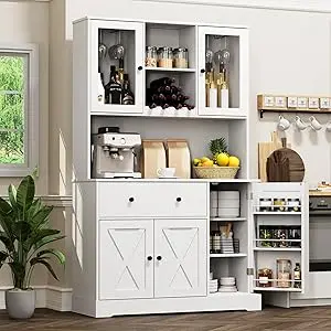 Kitchen Pantry/ Storage Cabinet- Microwave Stand- Coffee Bar Cabinet with Wine Rack- Glass Holder - Image 9