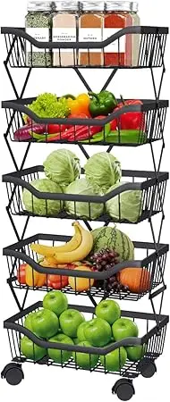Fruit/ Vegetable Storage Baskets- 5-Tiers Stackable Metal Wire Basket- Kitchen Cart with Wheels - Image 7