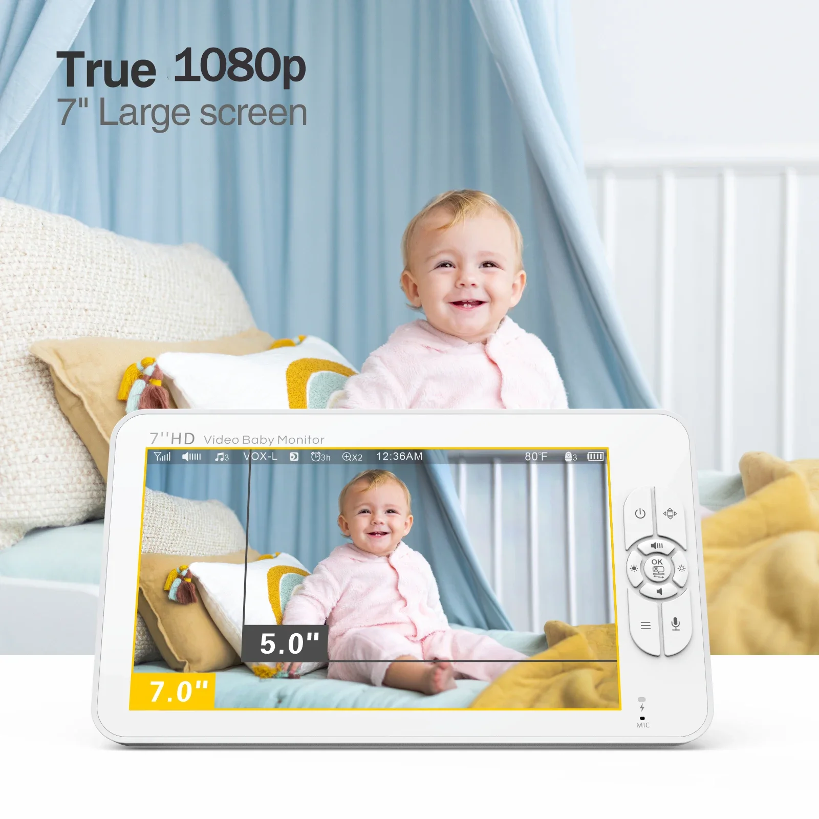 7" HD Split Screen Video- Baby Monitor- No WiFi- Baby Camera Monitor- Hack Proof- Remote Zoom/Pan/Tilt- 4000mAh Battery - Image 3
