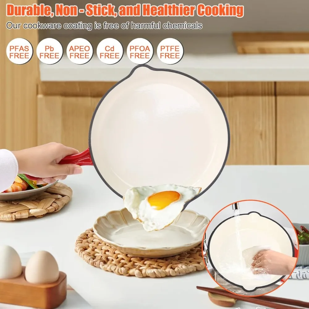 Nonstick, Enameled Cast Iron Cookware Set- 5-Pcs- Frying Pan/Skillet (No Lid)- Saucepan with Lid- Healthy Round Dutch Oven with Lid - Image 5