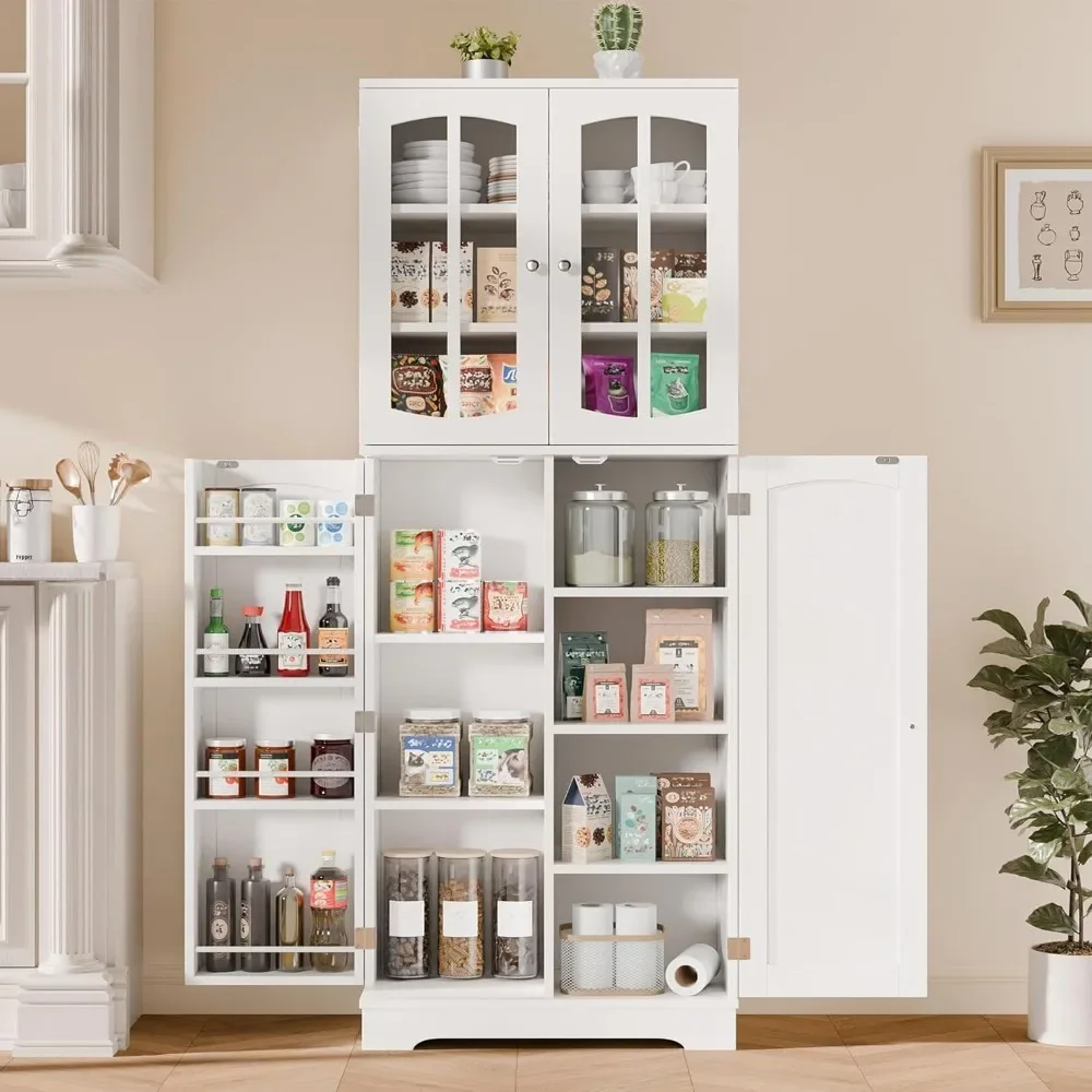 64" Kitchen Pantry Cabinet- Tall Storage Cabinet- Glass Doors- Adjustable Shelves