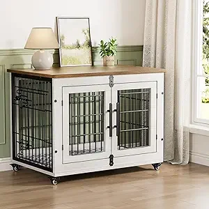 Dog Crate Furniture- XL Wooden Dog Kennel- Indoors- Double-Doors- 44'' Heavy-Duty Crate with Cushion & Wheels - Image 8