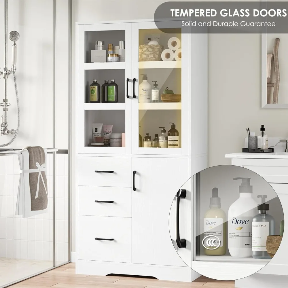 Tall Bathroom Storage Cabinet- Glass Display Doors and Shelves- 67” Tall Cabinet- 3 Drawers - Image 5