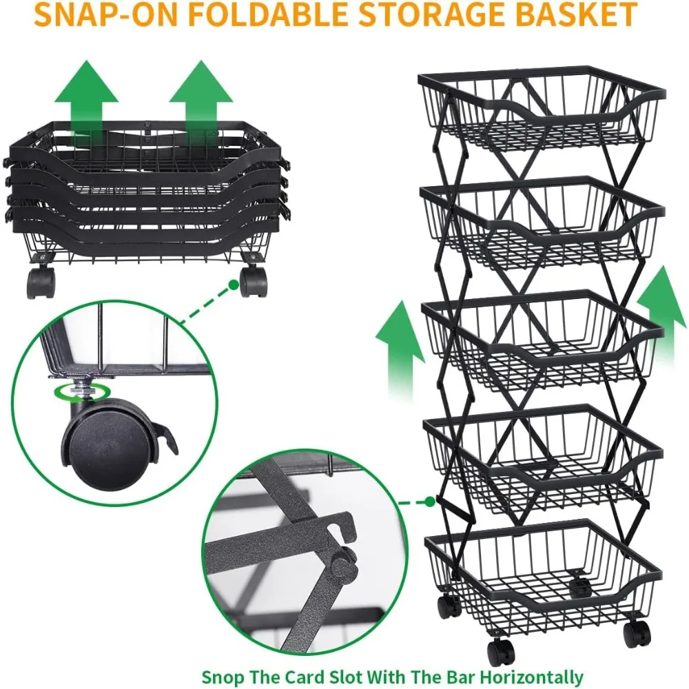 Fruit/ Vegetable Storage Baskets- 5-Tiers Stackable Metal Wire Basket- Kitchen Cart with Wheels - Image 6