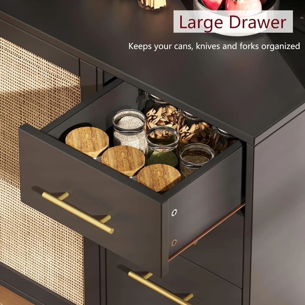 70.9" Kitchen Pantry/ Cabinet with Microwave Shelf- Rattan Freestanding Storage Cabinet with Charging Station- Natural, or Black and Natural - Image 6