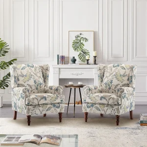 Accent Living Room Chairs- Set of 2- High Back- Blue Floral Print